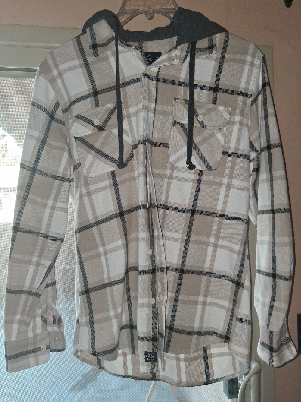 Men's Hooded Plaid Button-Down Shirt - Beige/White